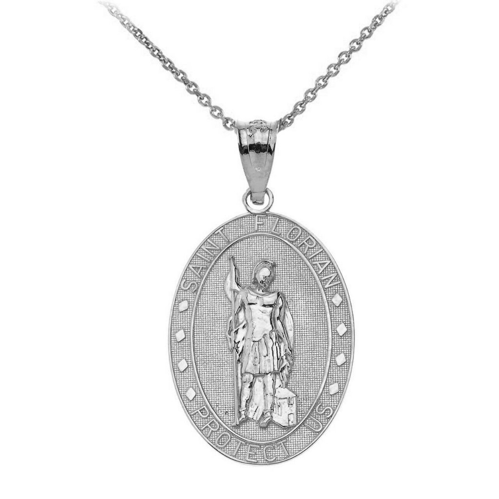 925 Sterling Silver Saint Florian Protect Us Oval Medallion Pendant Necklace 79$